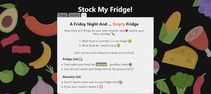 Information section of Stock my Fridge App.
